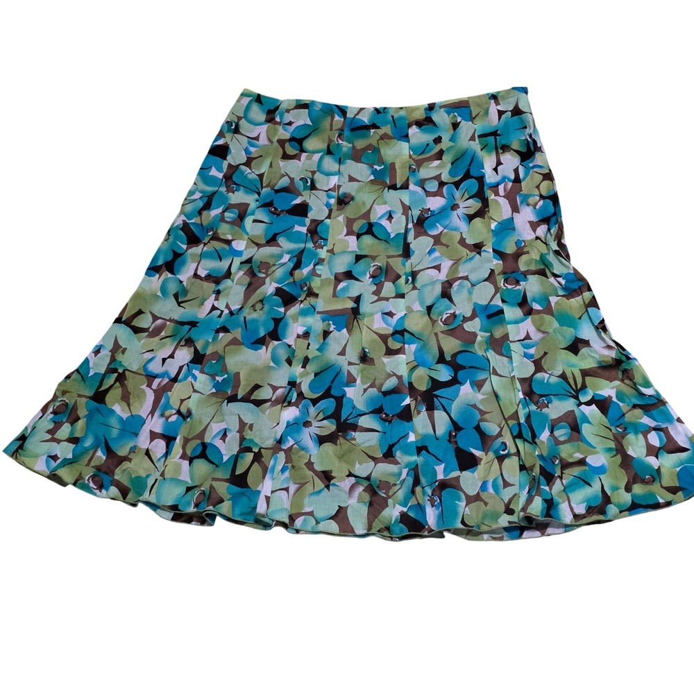 First Option‎ Floral A-Line Midi Skirt Teal Green Brown Cotton Lined Size 12